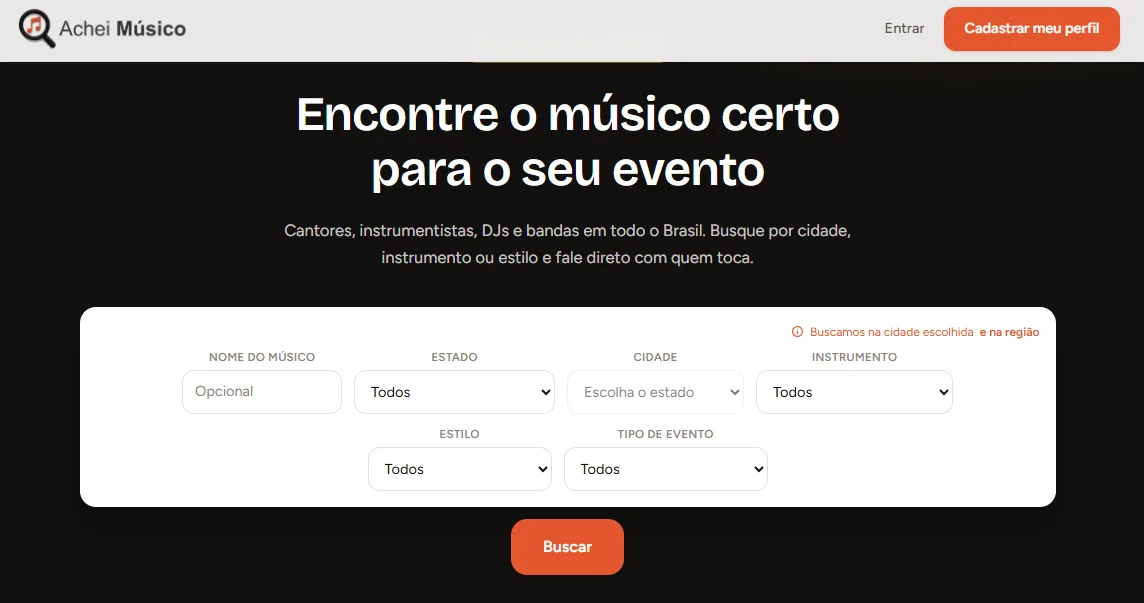 Tela do Achei Músico