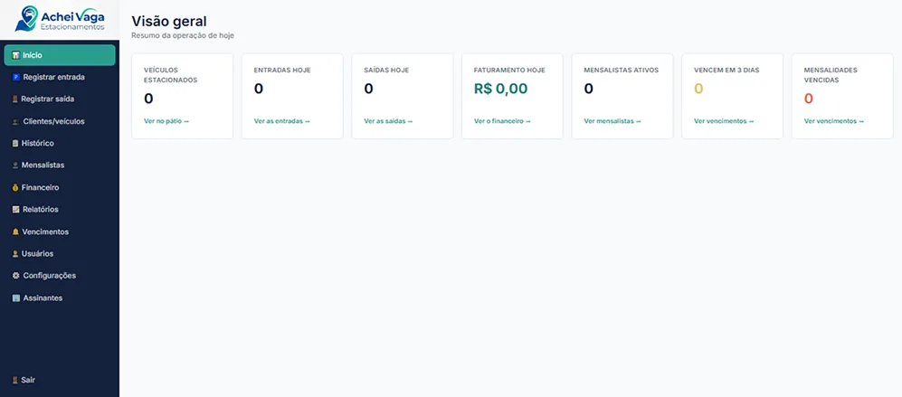 Tela do Achei Vaga, sistema para estacionamentos